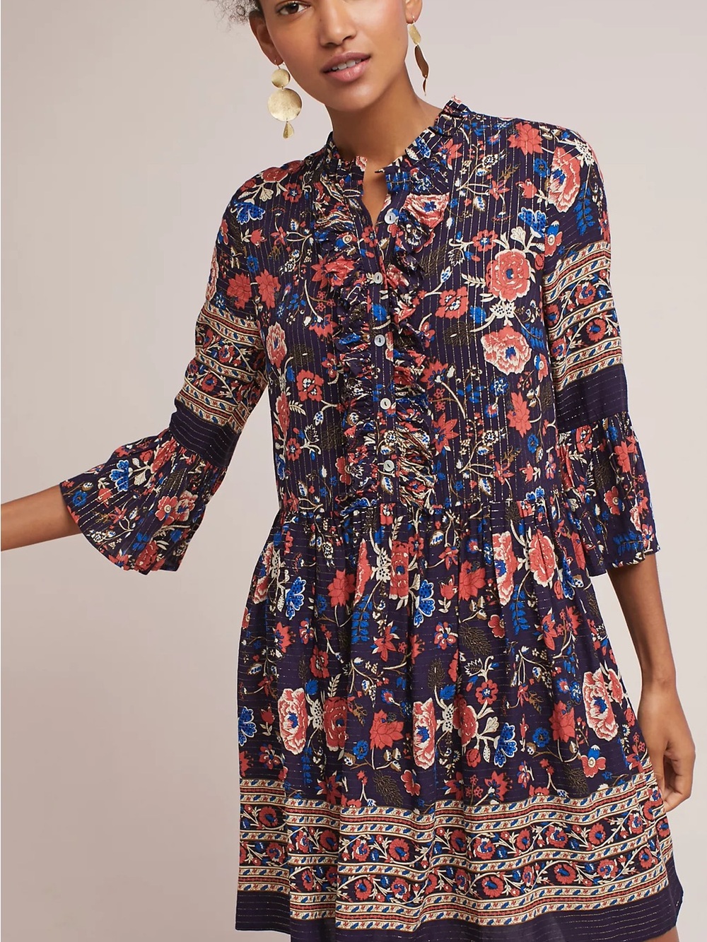 Eri + Ali Tiffany Swing Dress Anthropologie Floral Blue Metallic ruffle mini S